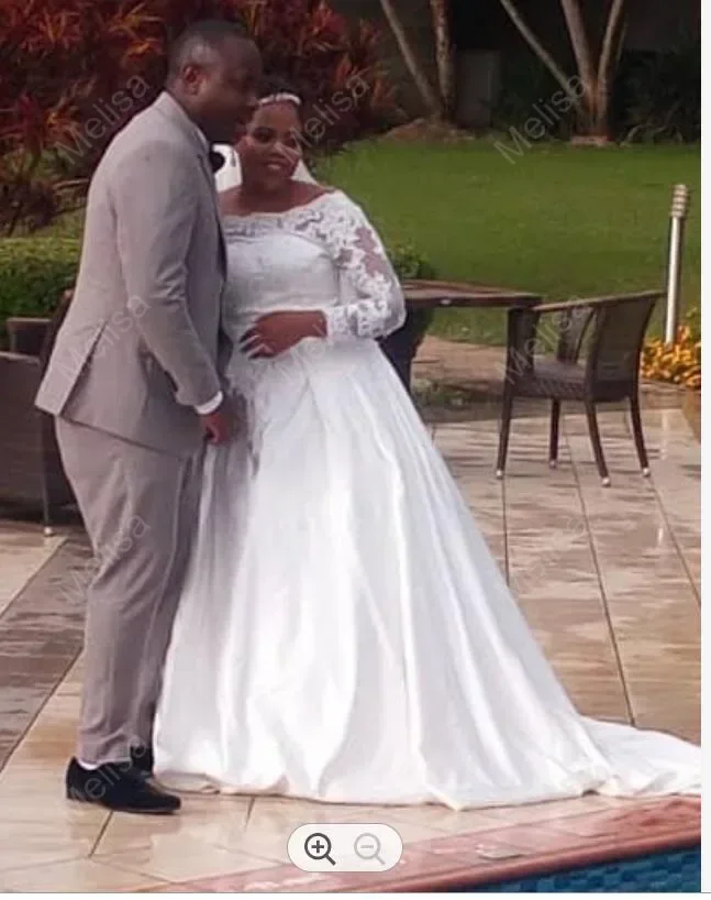 

Customized Lace Appliques Long Sleeves Wedding Dresses Sweep Train Ballgown African Robe De Mariée Princess Satin Bridal Gowns