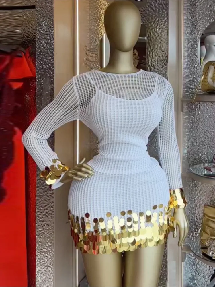 

Dresses 2026 Woman Hollow Out Round Neck Dress Sequin Patchwork Slim Package Hip Contrast Bodycon vestidos Elegant Temperament