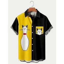 Grappig Kitten Bowling Vlam Print Hawaiiaans Heren Overhemd Modieus Casual Revers Heren Top Open Dichtgeknoopt Heren Overhemd