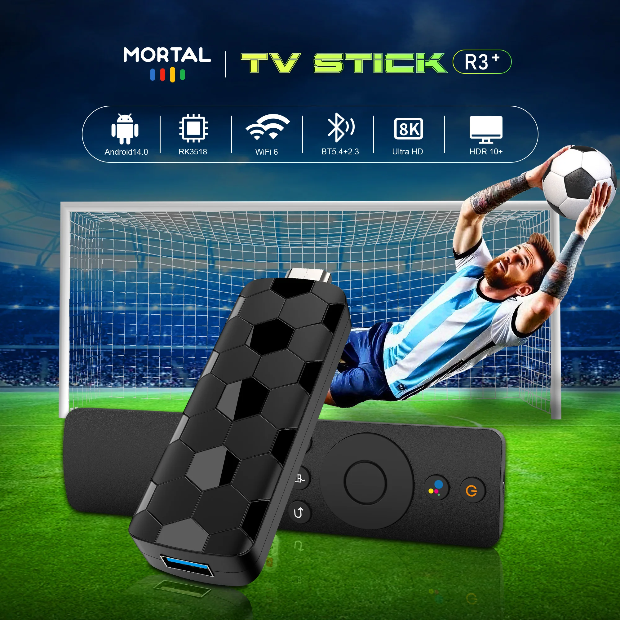 2025 Neuer R3+ Smart Android TV Stick Rockchip RK3518 mit Wifi6 Dual Brand 8 GB 128 GB 8K 3D HDR Google Voice Remote DC 5V 2A – Detail 1