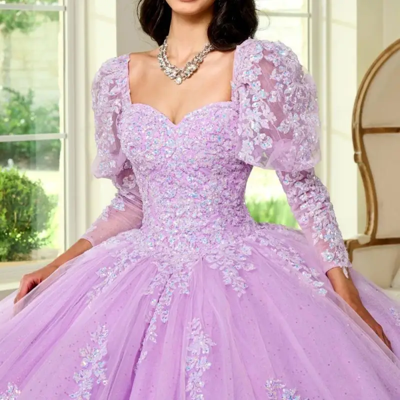 Bright Pink Quinceanera Dress Ball Gown Lace Applique Beading Crystal Puffy Sleeve Sweet 16 Vestido De 15 Anos