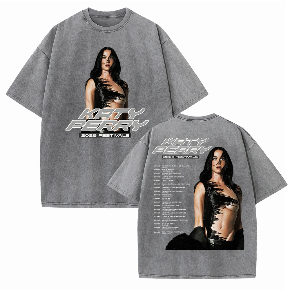 Katy Perry 2026 Festivals Tour Vintage Washed T-shirt Unisex Oversized Cotton Streetwear Hip Hop Graphic Print Tee Tops