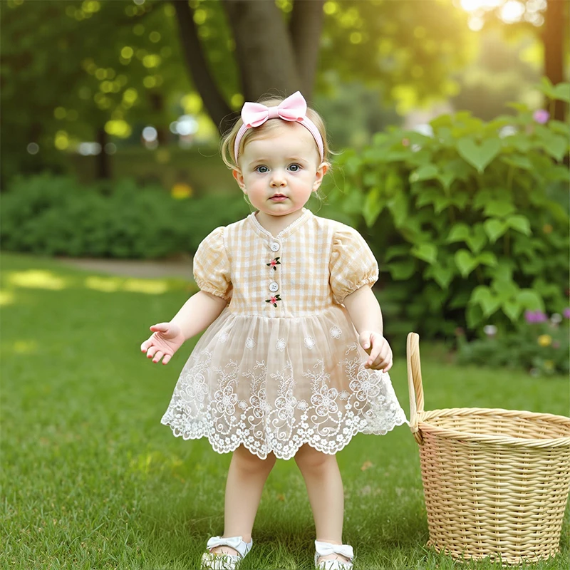 3-18Months Infant Baby Girls Cute Princess Romper Dress Plaid Print Short Puff Sleeves Lace Tulle Jumpsuit Summer Fashion Outfit