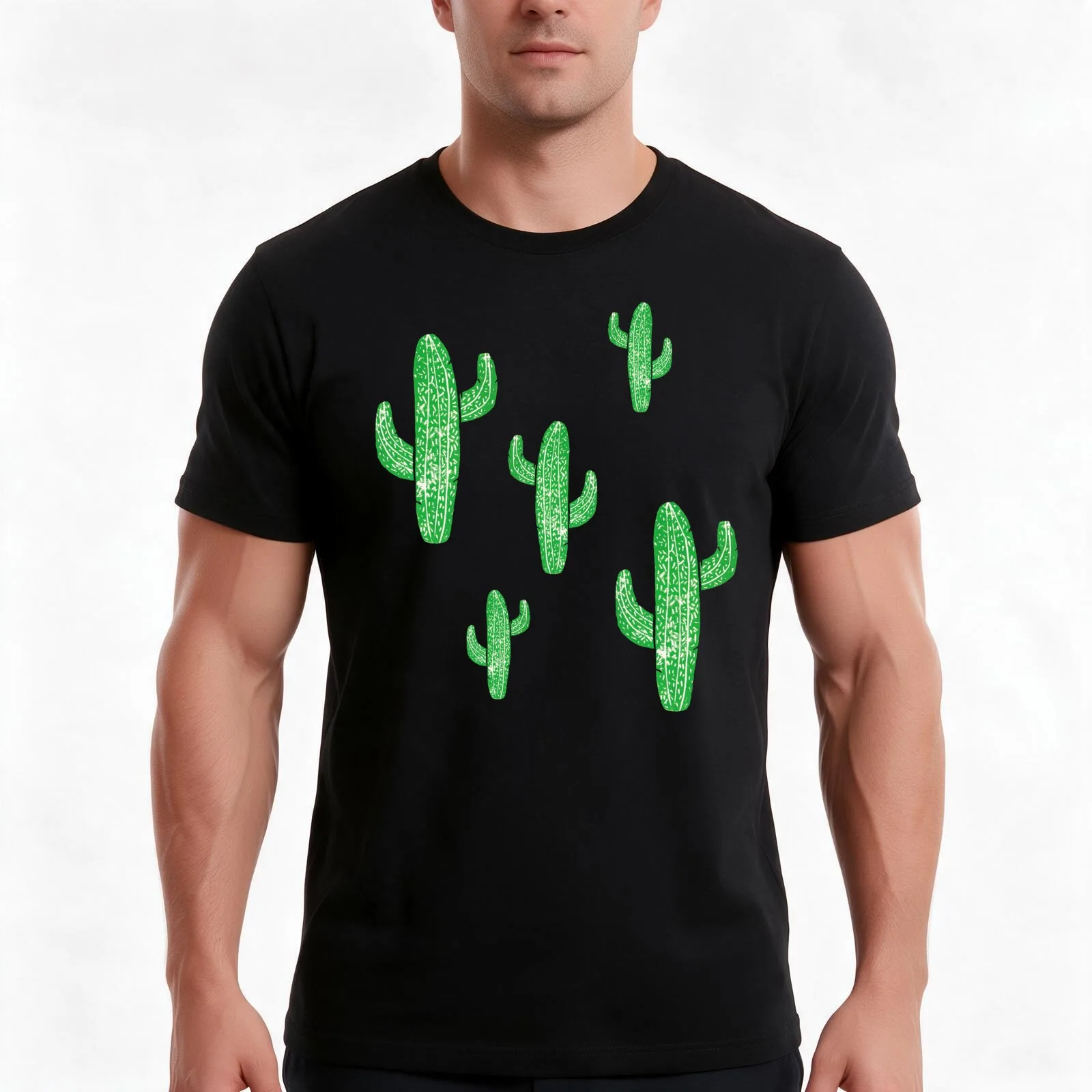 Linocut Cacti #2 Green T-Shirt Summer Casual Cotton Tee Oversized Streetwear Tops Vintage Graphic Print Unisex Men Women