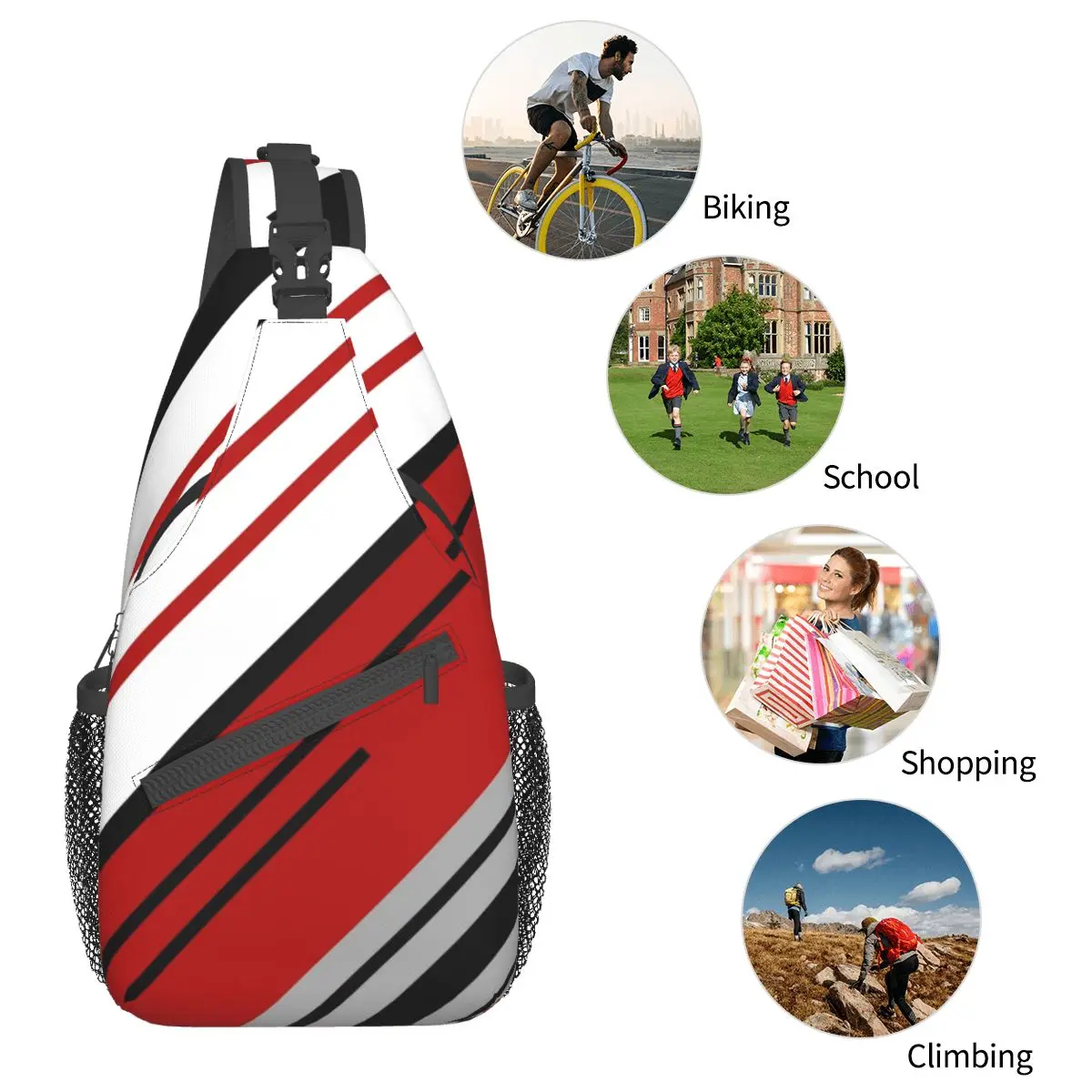 Diagonal Stripes Crossbody Sling Bags Pattern Chest Bag Nordic Red Abstract Shoulder Backpack Daypack Travel Hiking Cycling Bag