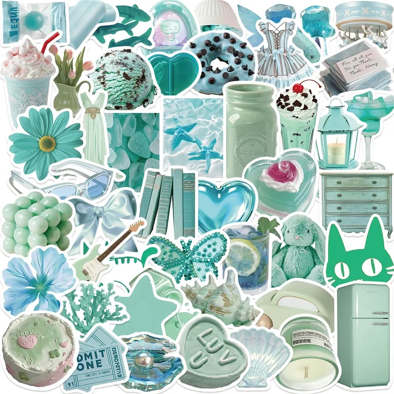 

50PCS Fresh Mint Green PVC Sticker Aesthetic Decoration Scrapbooking Korean Stationery Hand Accounting Tools Supplies for Kids