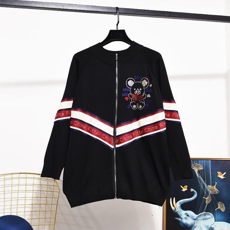 Spring Autumn Women Two-piece Set Contrast Color Cartoon Letters Hot Drilling Zip Cardigans Coat Sweater + Knitted Pants Suits