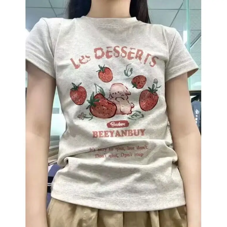 Les Dessert Summer New Cartoon Strawberry T-shirts Harajuku Short Sleeve Loose OCasual Tops Women O Neck All Match Casual Tees