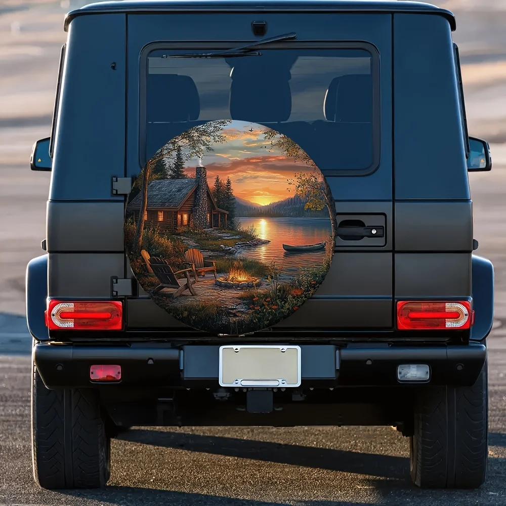Cabin Sunset Spare Tire Cover Waterproof Polyester Outdoor Parking Protection Decorative Accessory