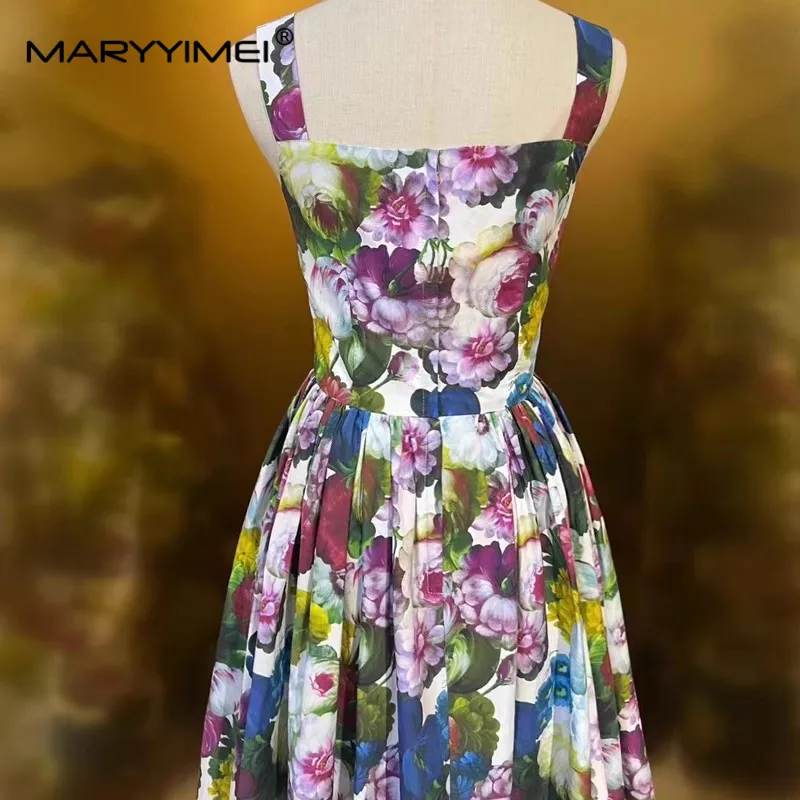 Imagem -06 - Maryyyimei-vestido Feminino Vintage Estampado em Popeline Decorado com Botões Tecido Floral Vestido sem Alças de Algodão Moda Verão Novo