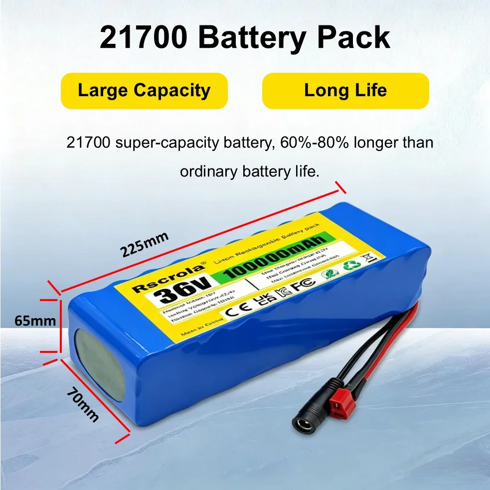 Long-lasting 100Ah 36V Li-ion 21700 Battery Pack with Charger, DC TX60 TX90 TX30 T Plug, for Electric bicycle, Electric scooter