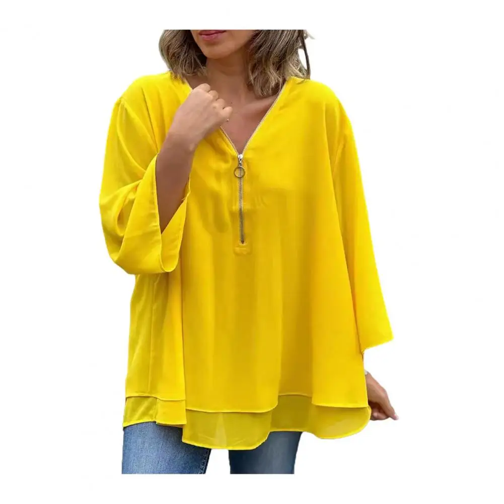 

Women Zipper Blouse Elegant Women's Chiffon Shirts with V-neck Zipper Detailing Loose Fit Design for Stylish Layered Looks