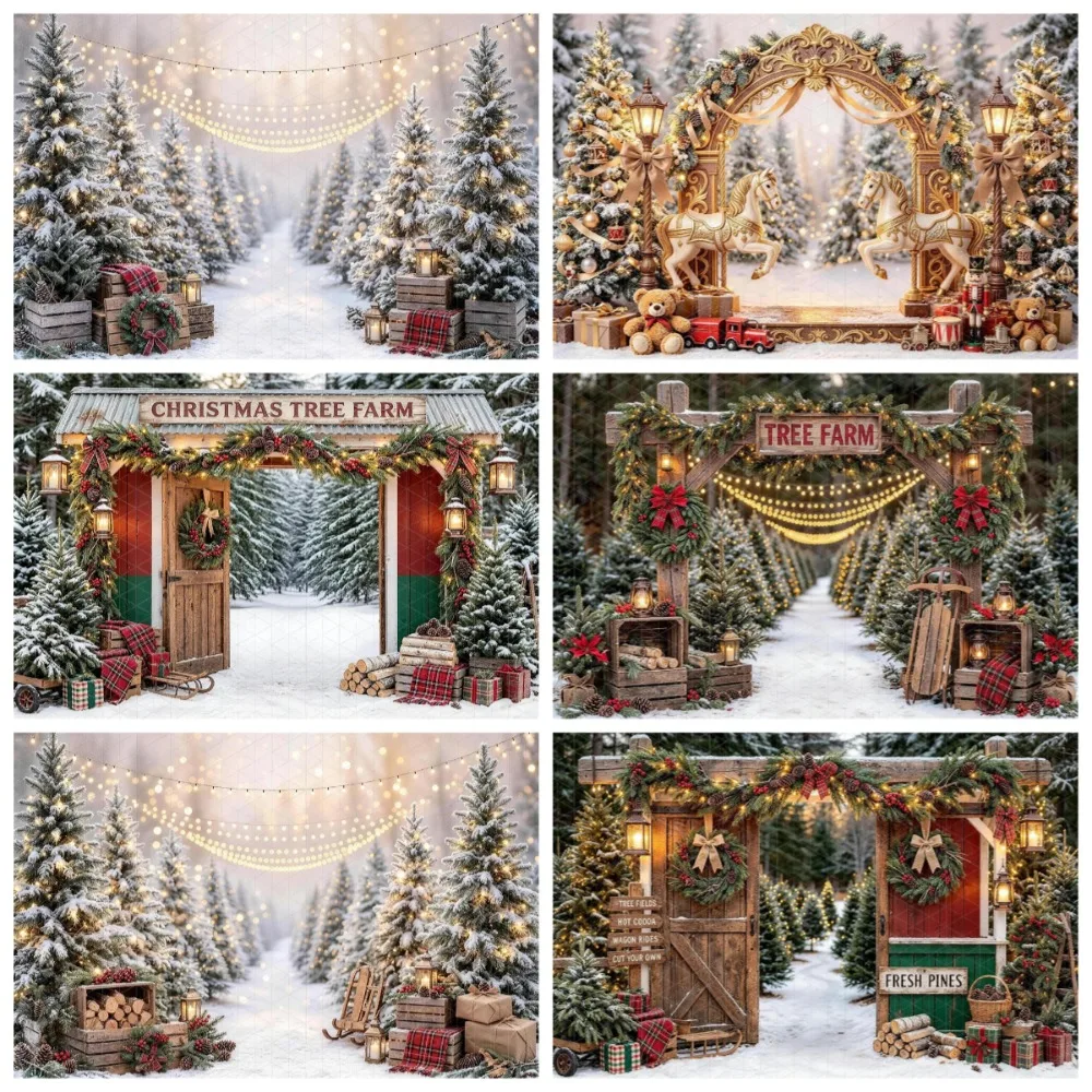 

Winter Christmas Tree Farm Snowy Forest Theme Banner Background, Birthday Party, Home Decoration Photography Background Cloth