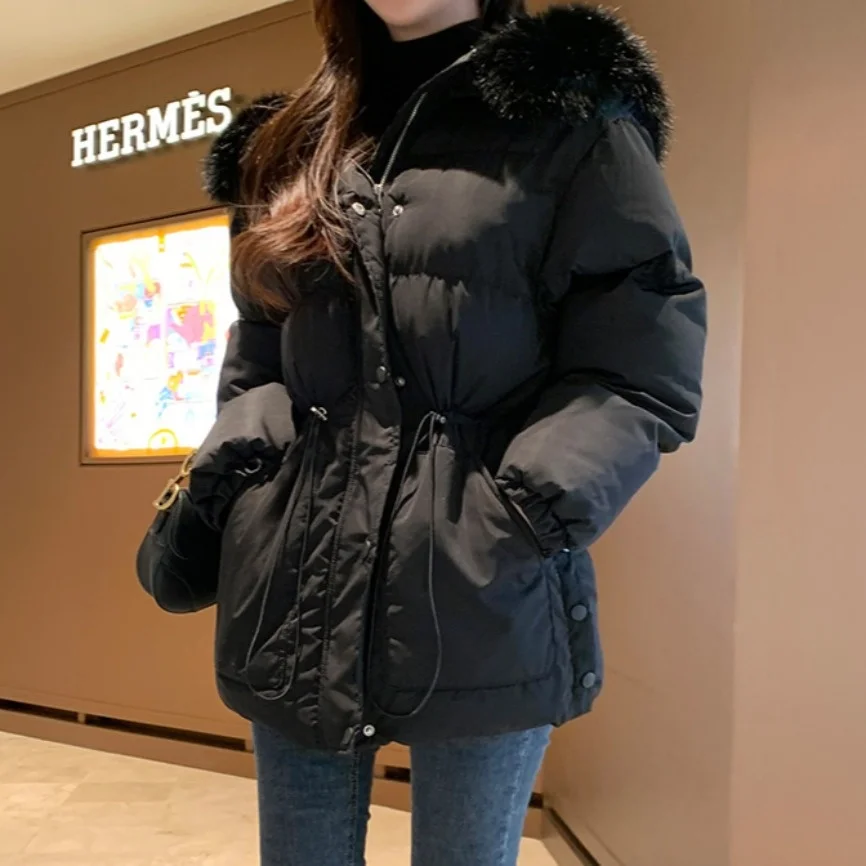 معطف نسائي شتوي من القطن Jaet بياقة من الفرو المزيف معطف دافئ متوسط الطول بياقة كبيرة من الفرو ملابس كورية للتنقل #2