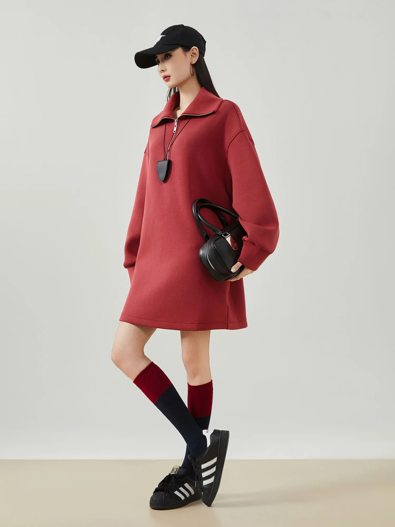 

Свободное корейское платье-свитшот с длинным рукавом для женщин, повседневное, весеннее, новое, красное, винтажное, с отложным воротником