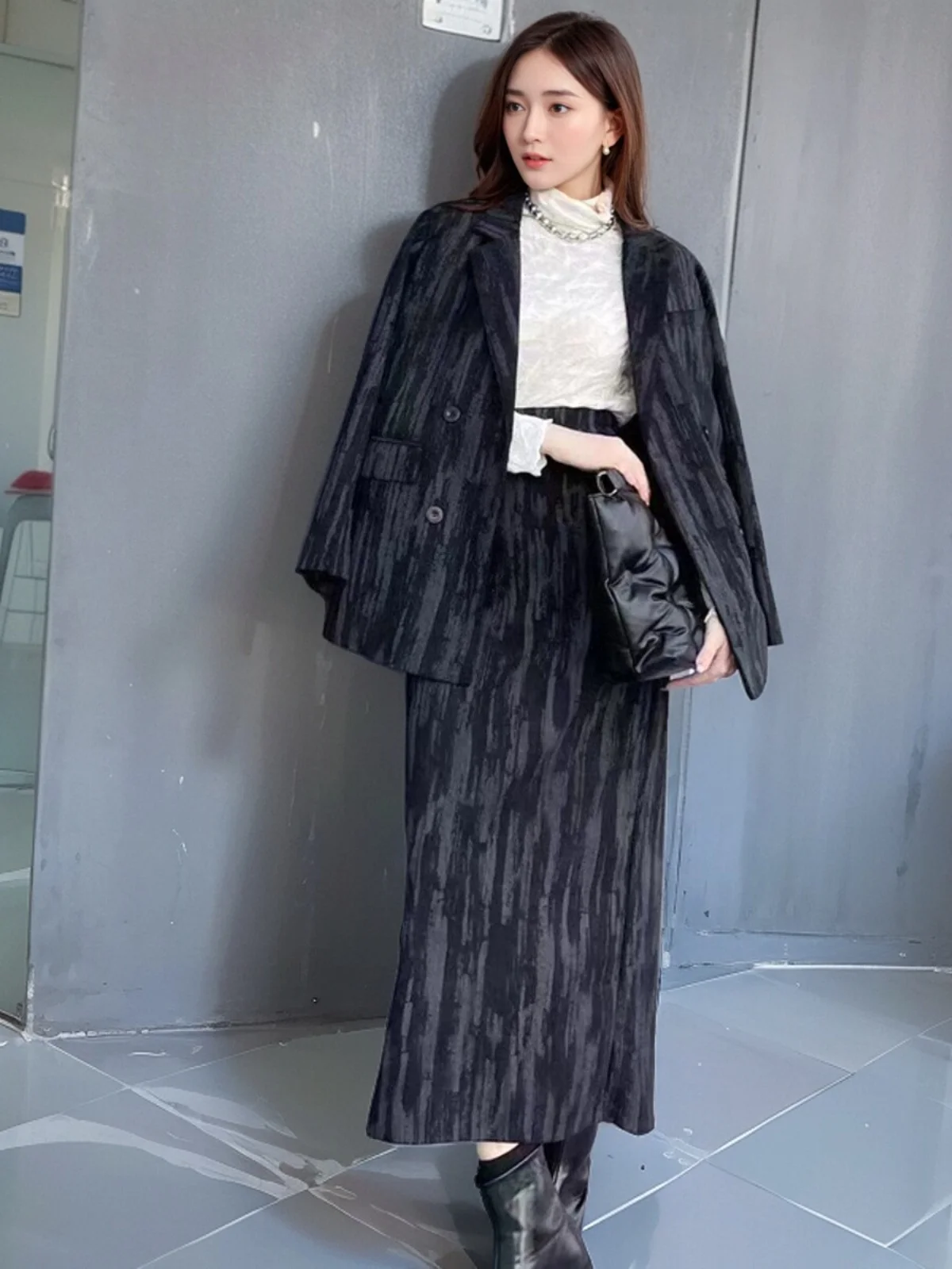 เกาหลี Sle Chic ไหล่ Pad ชุด Jaet ผู้หญิง + กระโปรงเอวสูง Casual Elegance Cotton Blend ยาว Sve ปุ่ม up