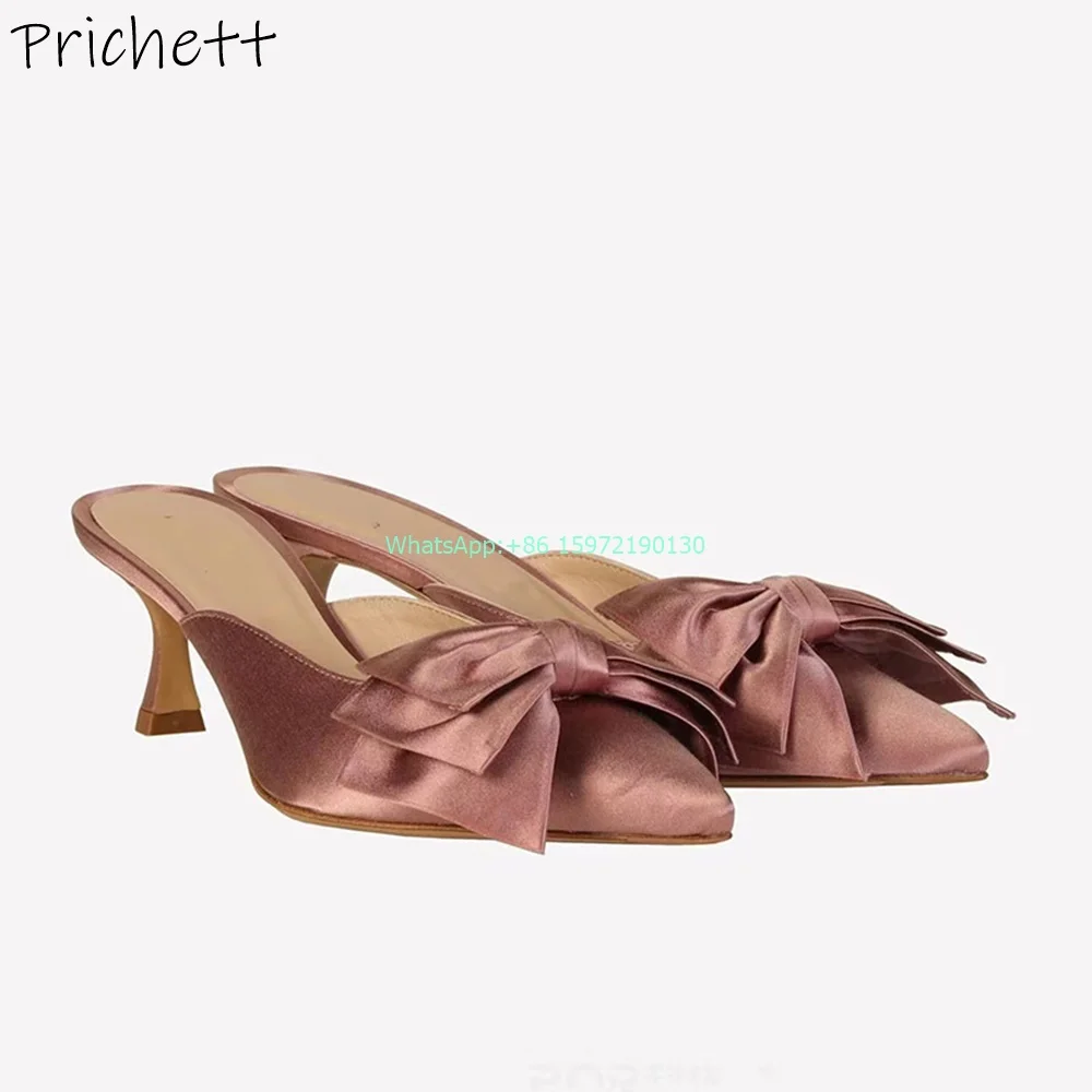 

Satin Butterfly Knot Slippers Pointy Toe Kitten Heels Slip On Solid Brown Ladies Sandals Pleated Fairy Style Sexy Big Size Shoes