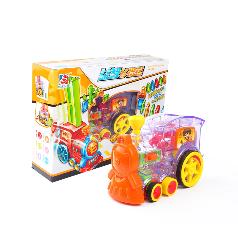 Juego de bloques de tren de dominó, juguete de tren de dominó con luces y sonidos, juego de bloques de dominó, juguete de construcción y apilamiento para niños y niñas