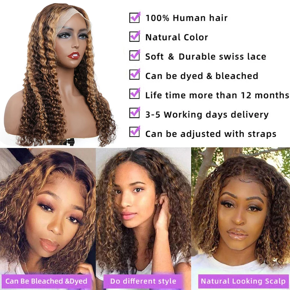 Perruque Lace Frontal Wig Deep Wave naturelle – TRACY HAIR, cheveux bouclés, couleur blond miel HD, à reflets