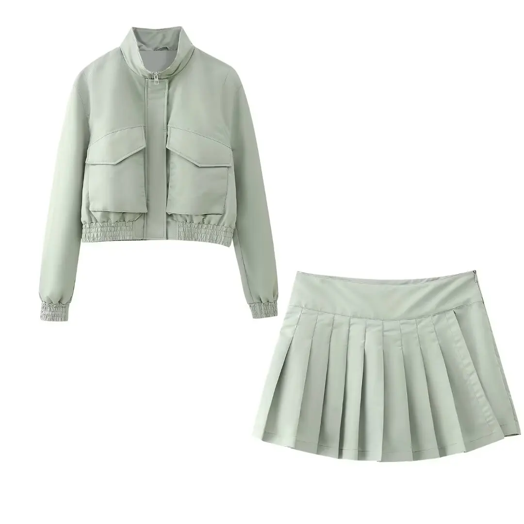 Blouse à manches longues et mini jupe plissée pour femme, manteau rétro à fermeture éclair, poche décorative, mode trempée, nouveau, 2 pièces, 2024