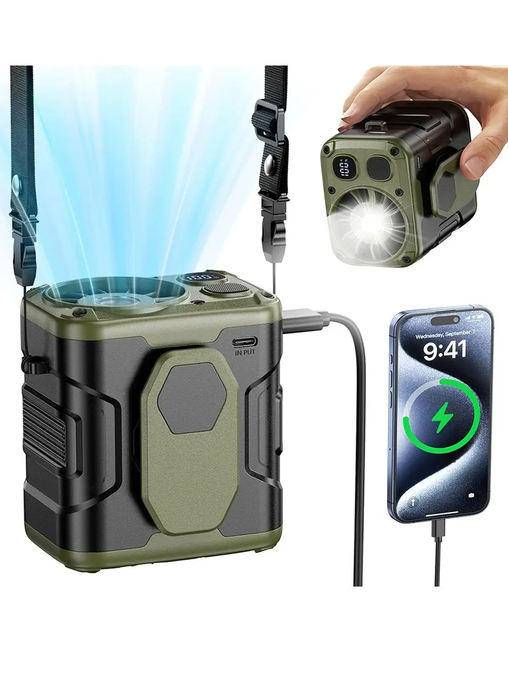 10000 mAh tragbarer Taillenventilator mit Powerbank, LED-Beleuchtung, hängender Halsventilator, 5 Geschwindigkeiten, starker Luftstrom, Kühlventilator für Arbeiten im Freien