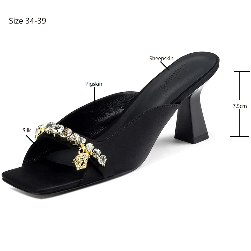 Drestrive 2023 Fashion Women Sandals High Quality Silk Square Toe Chain Crystal Summer Shoes Thin Heels Slipper Elegant