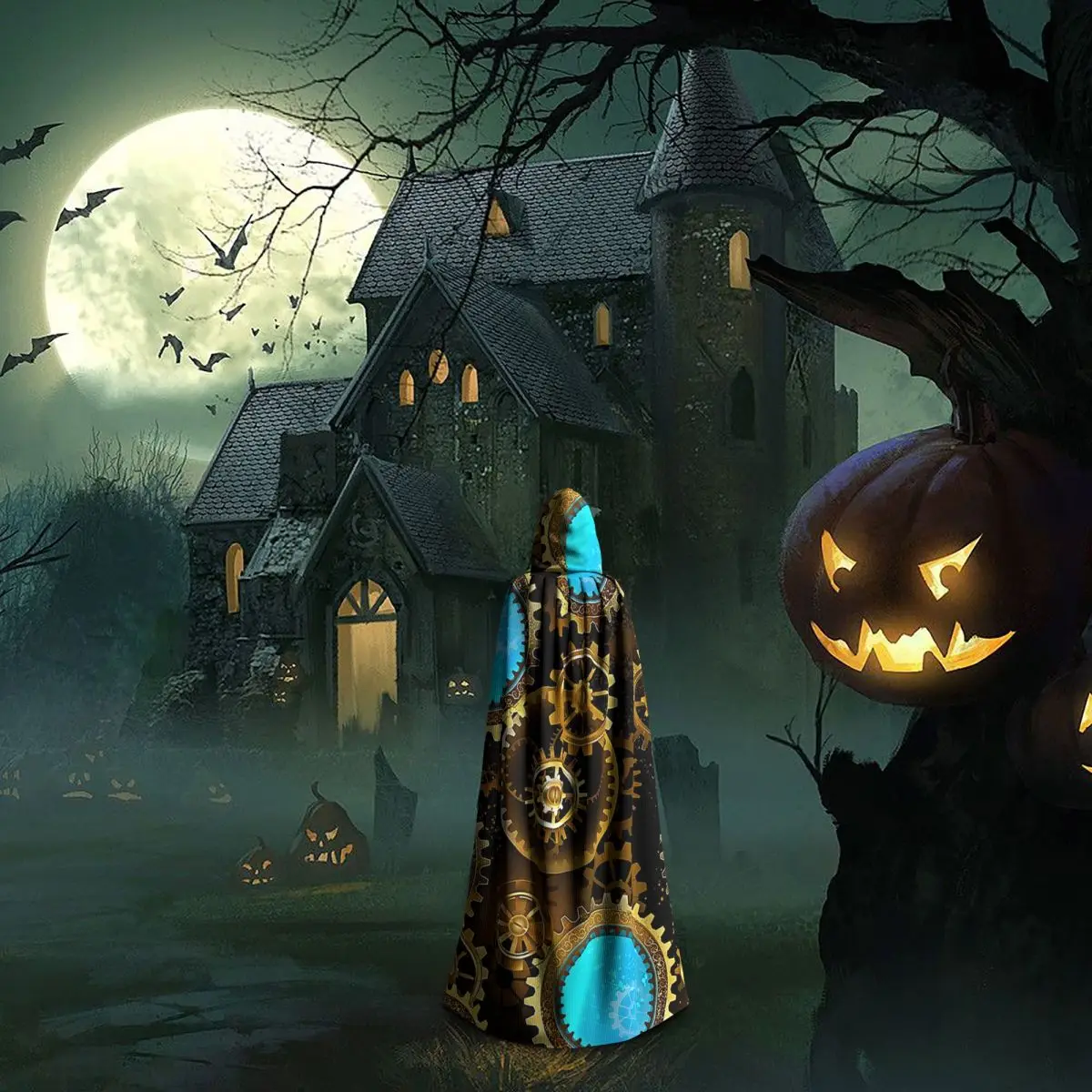 آلة ميكانيكية التروس Steampunk نمط طويل مقنع عباءة ساحرة القرون الوسطى زي تأثيري كيب هالوين معطف الكبار للجنسين