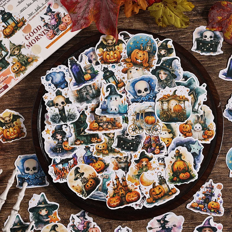 50 pcs Cartoon Halloween Witch Pumpkin Ghost Stickers Pack Journaling Handmade Materials Decoration Aesthetic Stationery Sticker