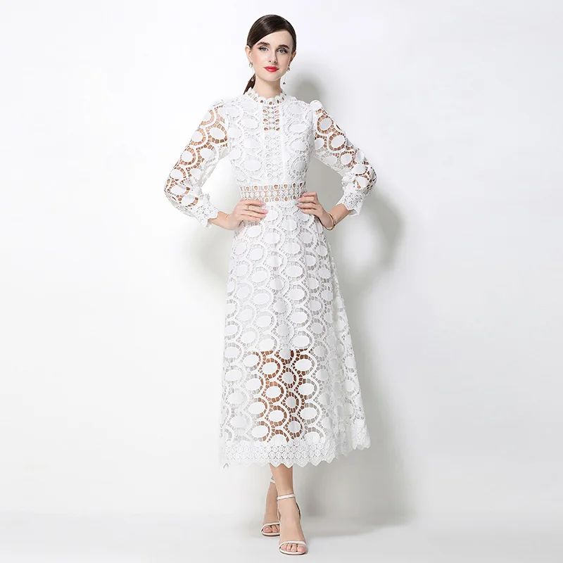 

Summer Flower Embroidery Crochet Lace Dress Women's O-Neck Long Sleeve Hollow Out Evening Prom Holiday Runway Vestidos