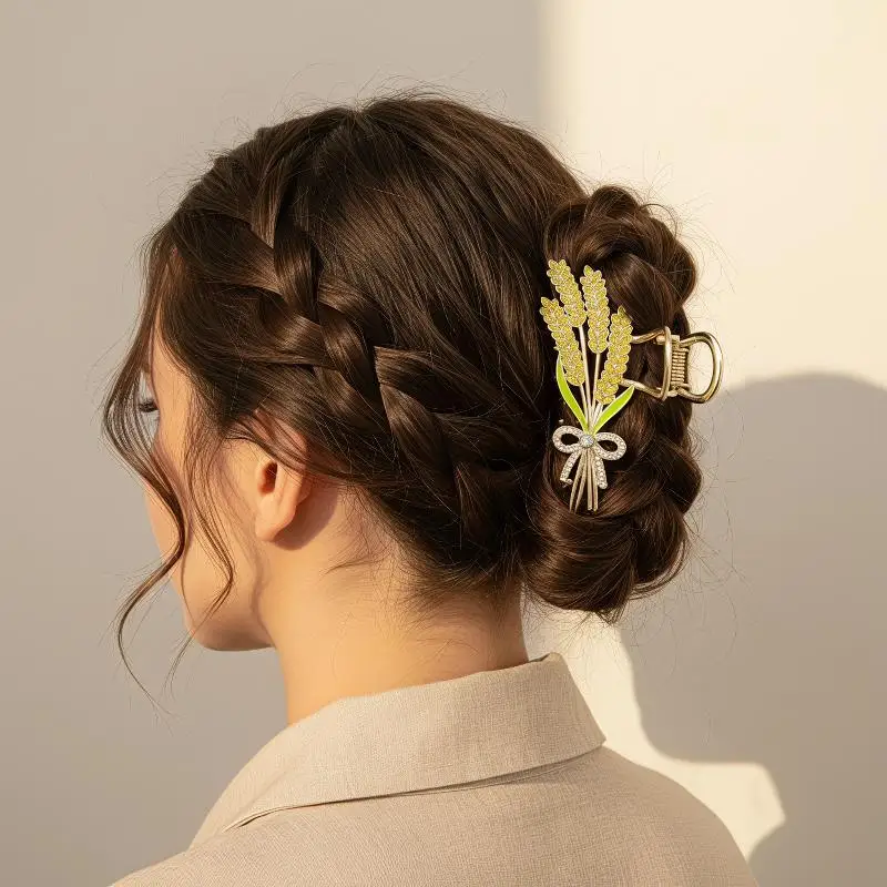 Alloy Wheat Design Hair Claw Clip With Shiny Rhinestones Strong Hold Grip For Daily Wear Parties Weddings Formal Occasions