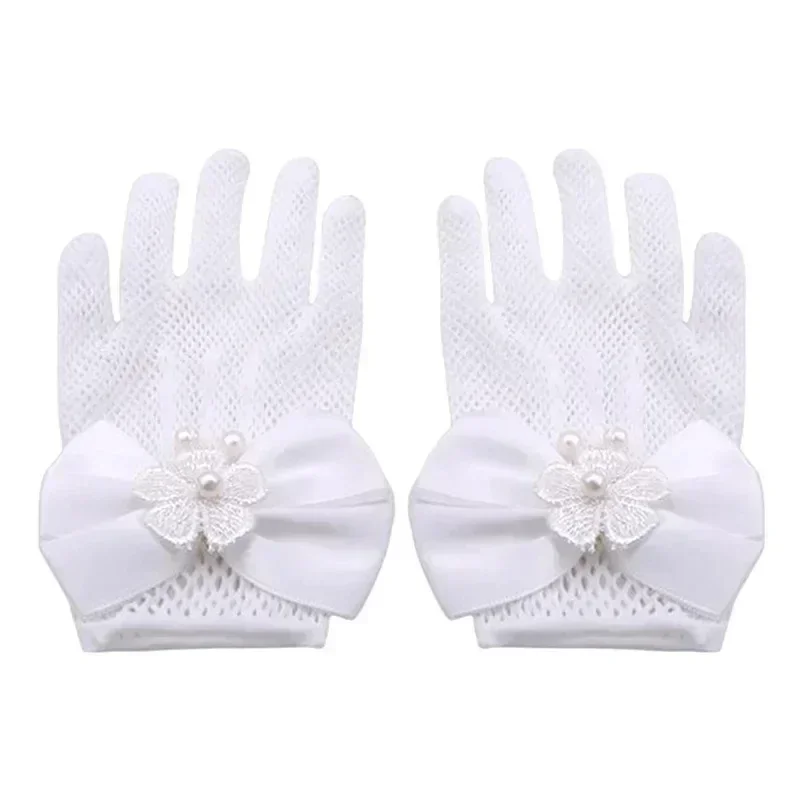 Sweet Flower Girls Short Gloves Mesh Bow Lace Pearl Decoration Gloves Children Kids Fashion Elegant Gloves Mittens Party Supplie