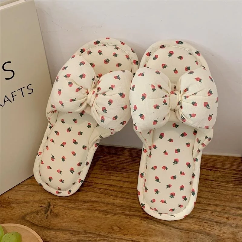 Fashion Casual And Comfortable Four Seasons Linen Slippers Indoor Home Cute Girly Heart Bow Slippers Women Shoes