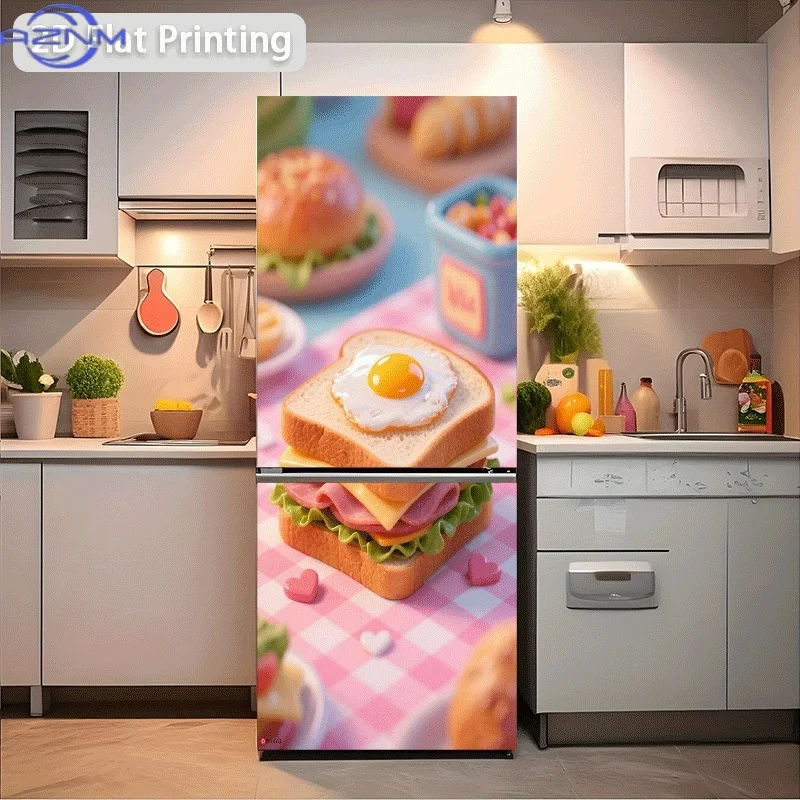 1pc 2D Printed Refrigerator Sticker,  Delicious Sandwich Meal, Self-Adhesive Wall Decal Wallpaper, Suitable for Cabinets and W