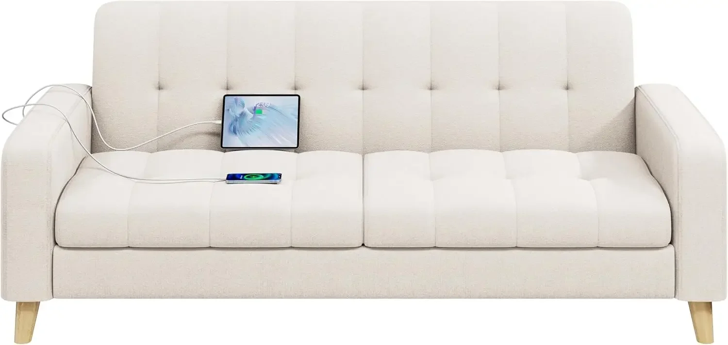 

2-местный тканевый диван-кровать с USB-портами, модерн середины века, 65 W Диван Диван Гостиная Квартира Спальня Офис Бежевый