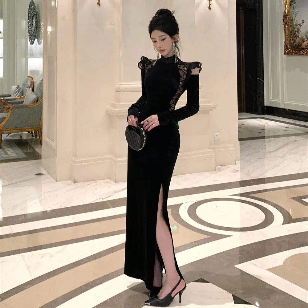 Southeast Asian Women's Elegant Lace Patchwork Velvet Slim Fit Sexy Bodycon Split Dress Long Sleeve Polyester Evening Gown