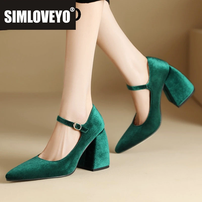 

SIMLOVEYO Сексуальные женские туфли-лодочки 32 33 Flock с острым носком на массивном каблуке 9,5 см с пряжкой и ремешком размера плюс 44 43 45 46 47 48 Свадебная вечеринка Sho