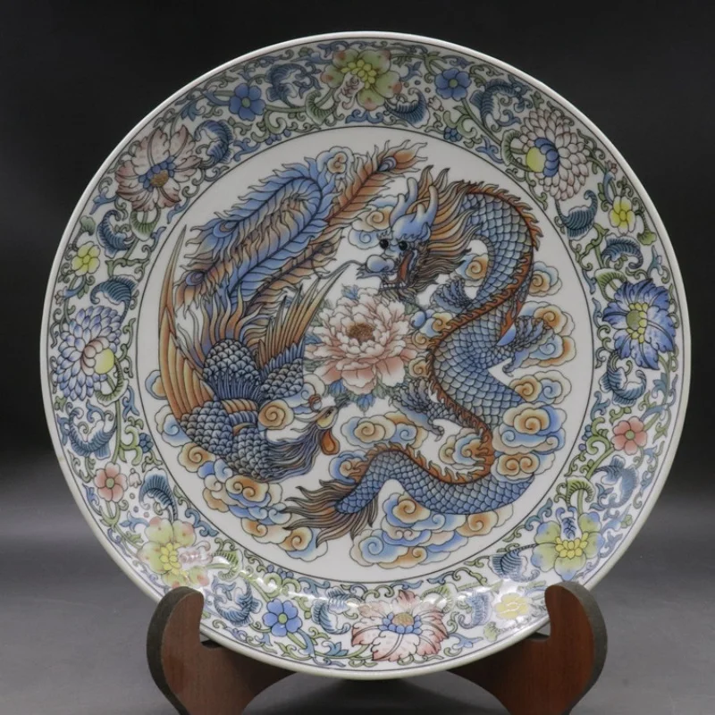 Qianlong Dragon and Phoenix Auspicious Picture Porcelain Plate Antique Porcelain Home Living Room Study Decoration Collection