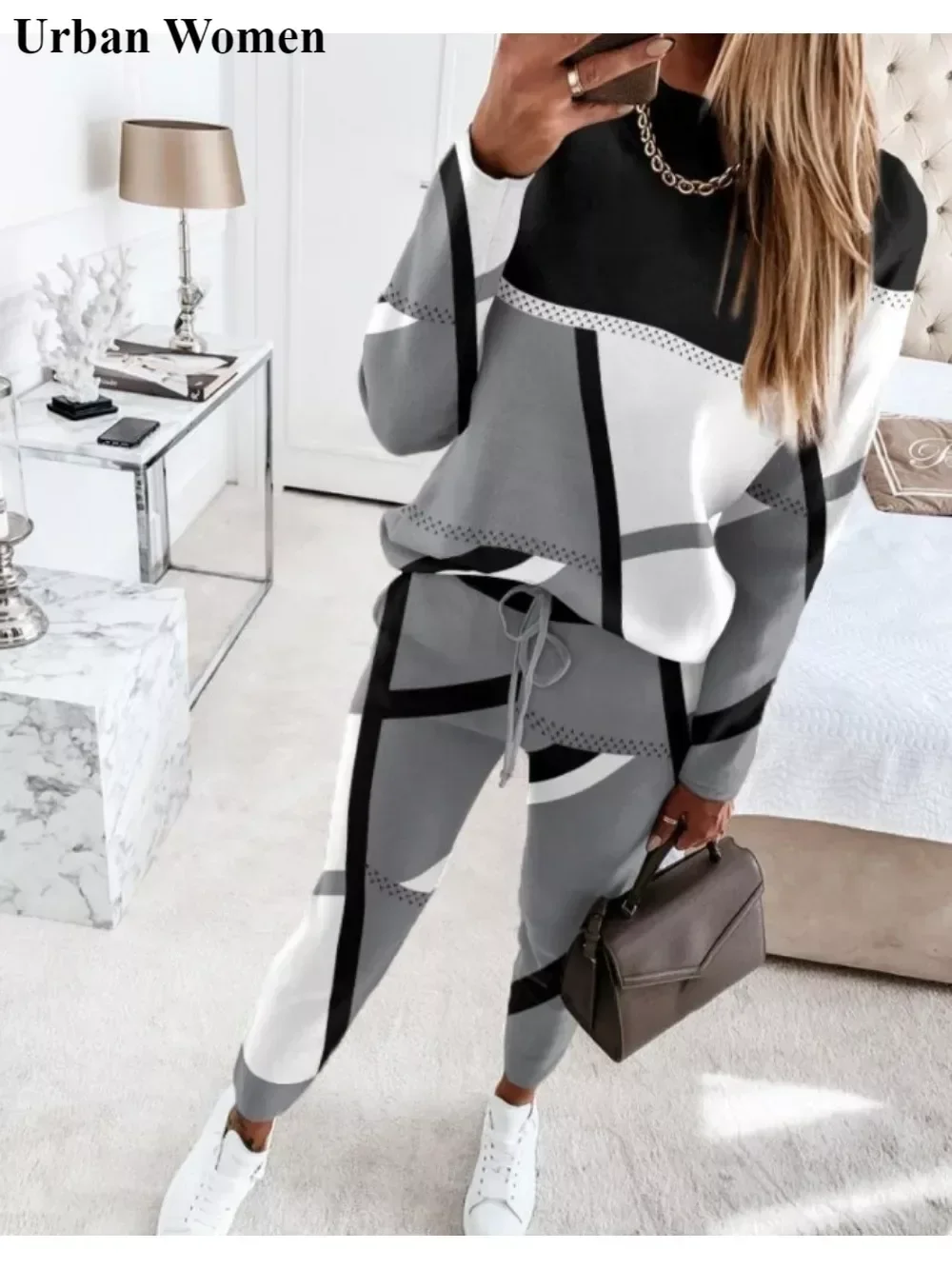 

Autumn Winter Fashion Sports Style Two Piece Set Women Casual Printing Long Sleeve Tshirt Pants Two Piece Set Women