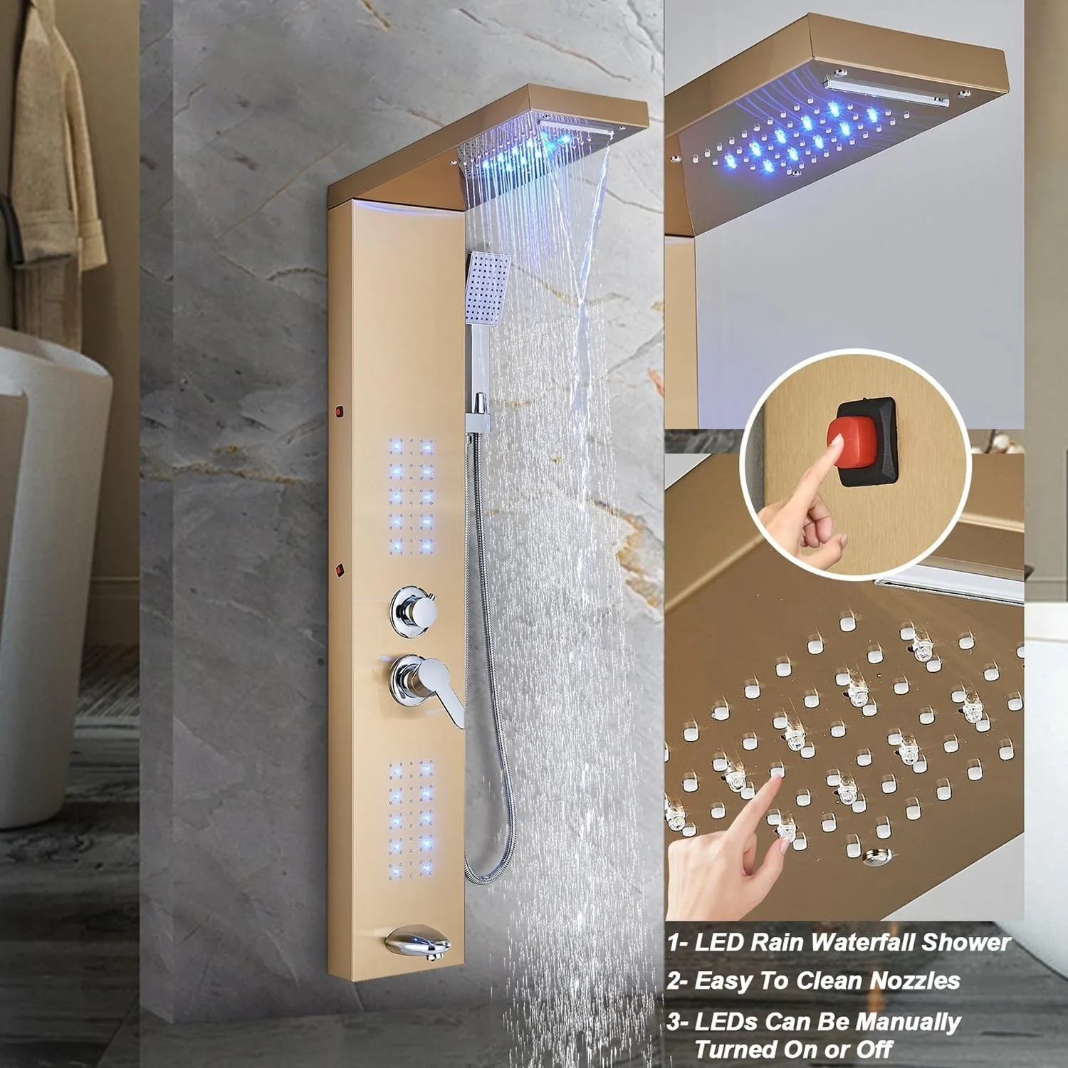 Brushed Gold LED Shower Panel Tower System 5 Mode High Pressure Body Massage Jet