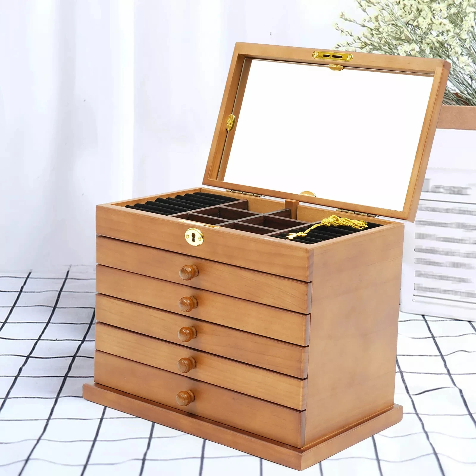 

Large 6-Layer Jewelry Box for Women, Wooden Organizer with Mirror & 5 Drawers