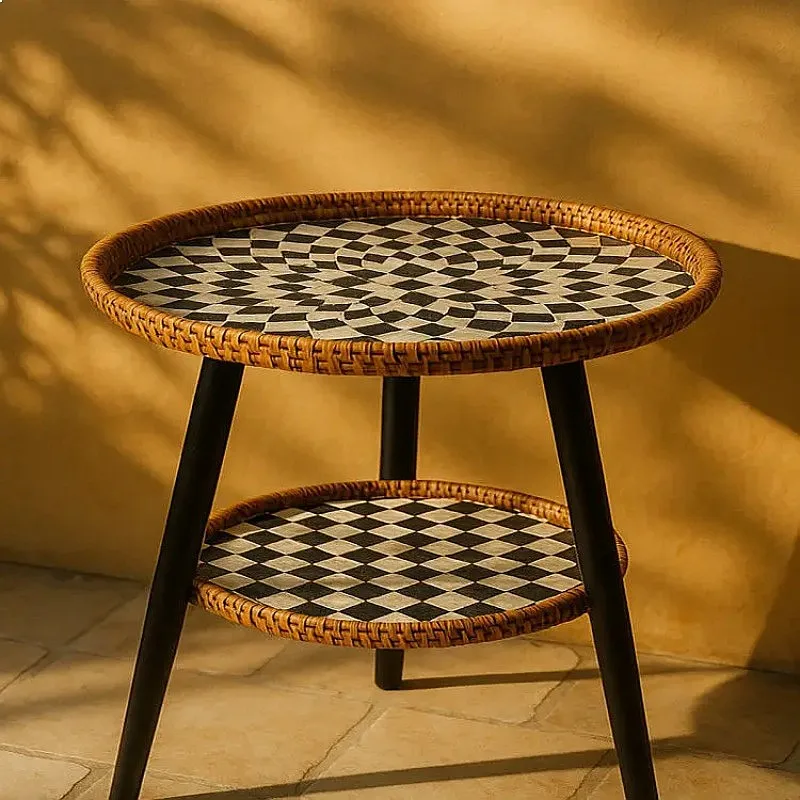 Bohemian Rattan Coffee Table Woven Double Layer Side Table Natural Wood Frame Decor
