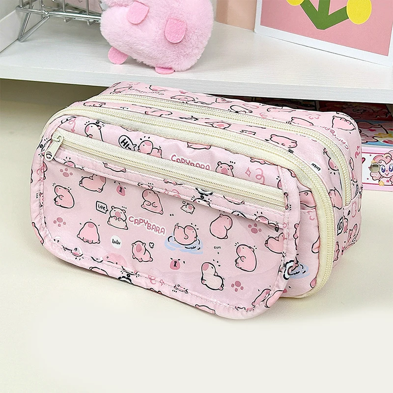 Cartoon Pink Capybara Pencil Storage Bag Kawaii Pencil Box Large Capacity Pencil Case School Stationery Case Makeup Bag