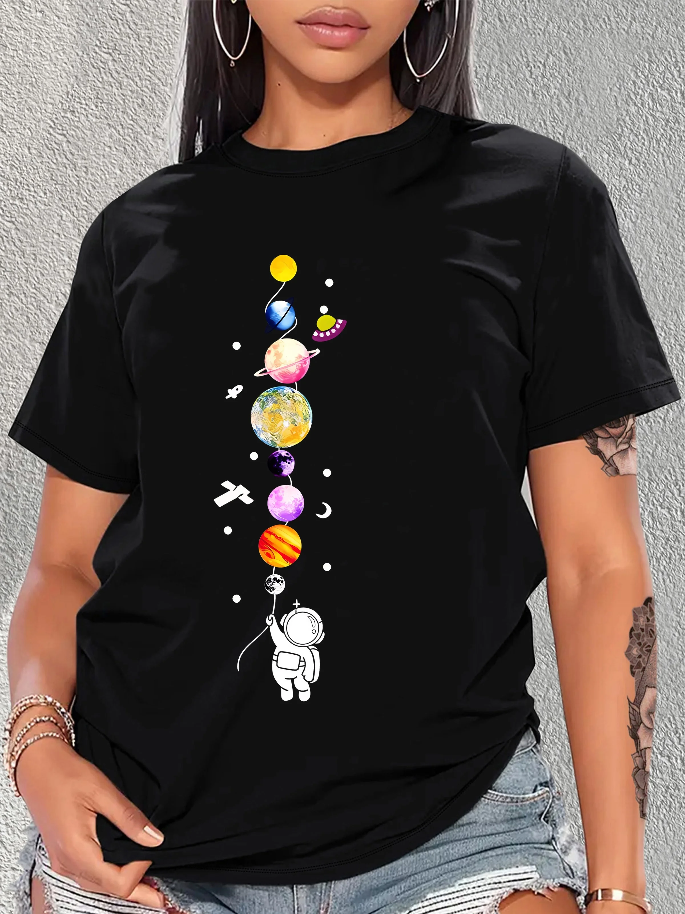 Women Funny Moon Space Planet Print TShirt Girl Casual Round Neck Short Sleeve Clothes Female Vintage Cotton Tee Streetwear Tops