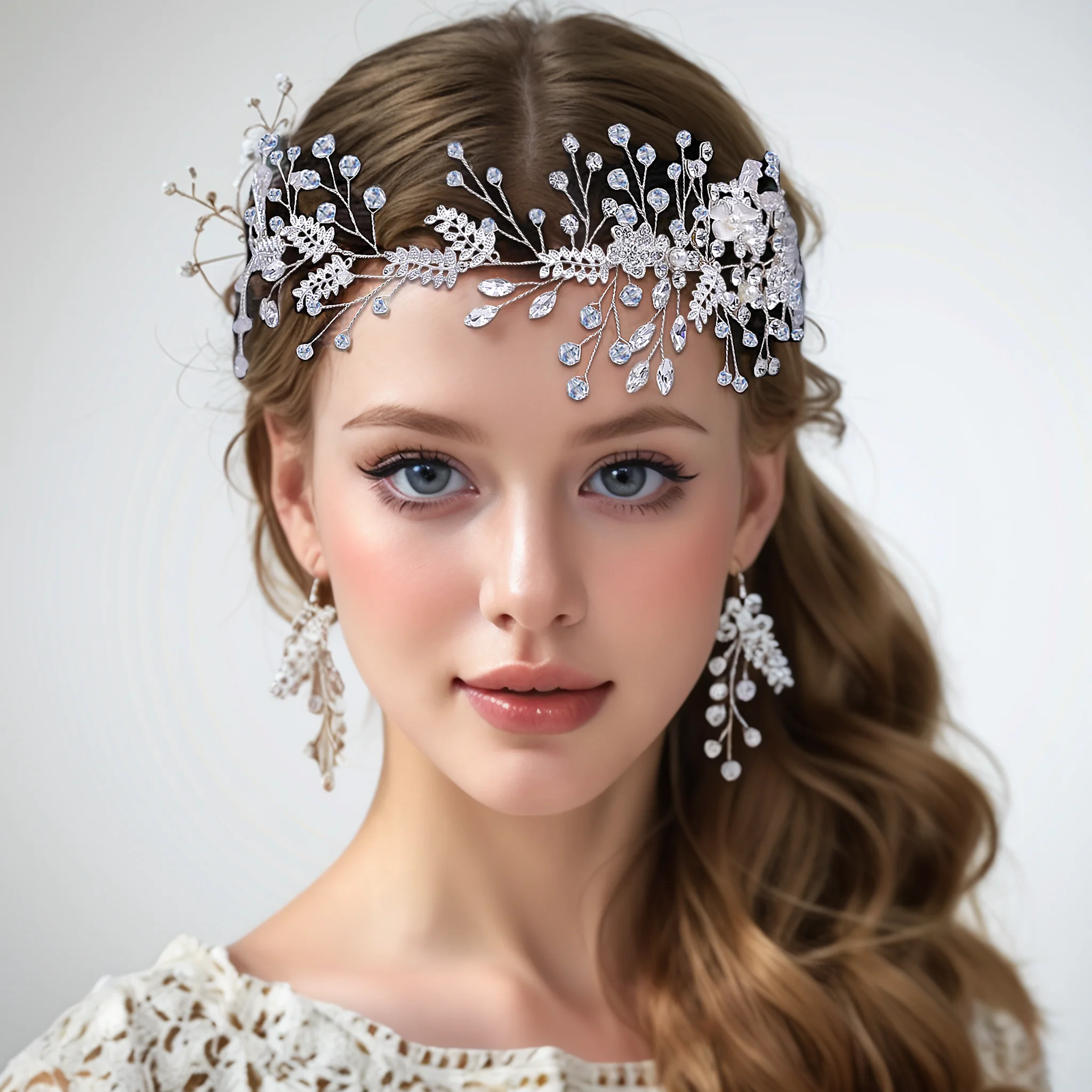 Bridal Headband Sets Wedding Rhinestone Flowers Wedding Women Alloy Leaf Hair Accessories With Earrings For Party HP517