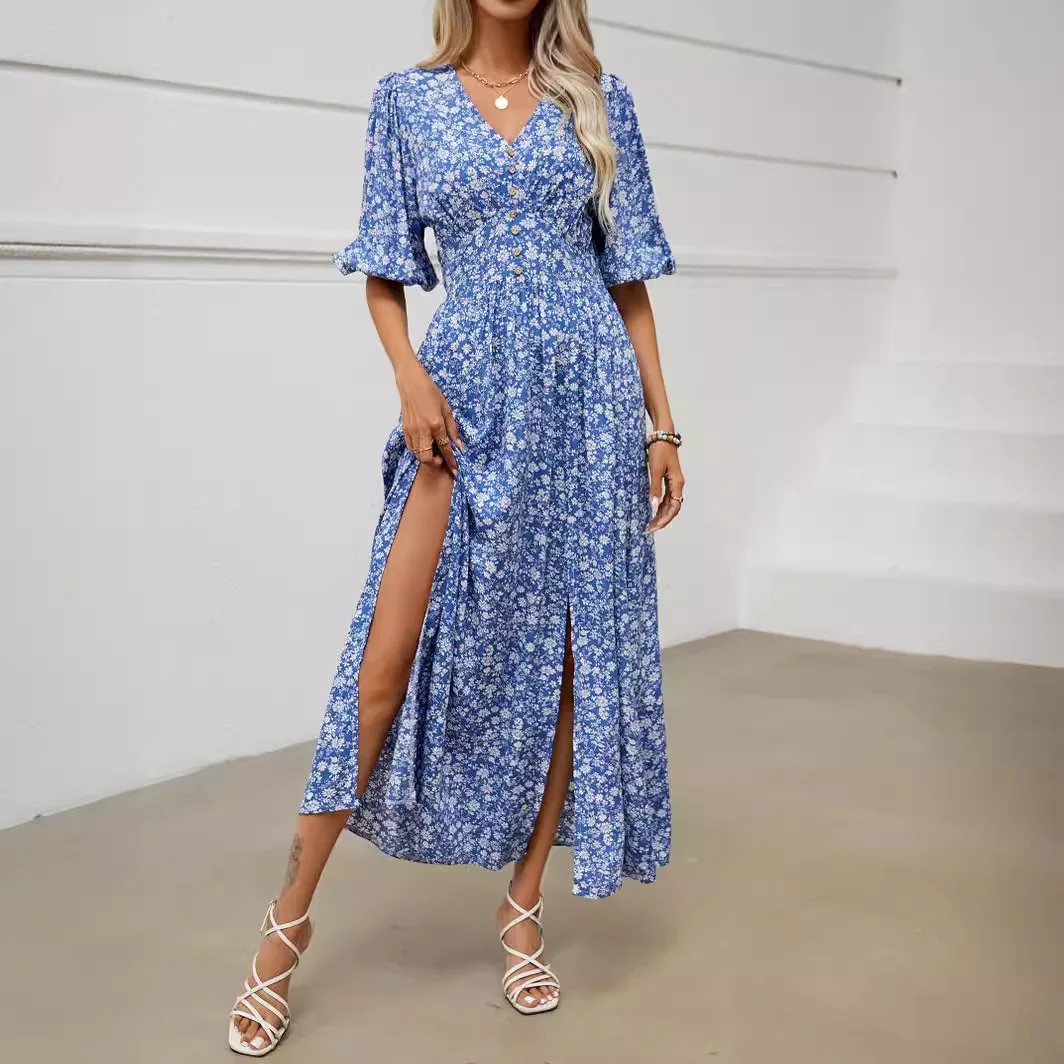 2025 Women Summer Maxi Dress V Neck Hal Puff Sleeve Front Split Blue Elegant Boho Beach Holiday Party Beach Dresses Vestidos