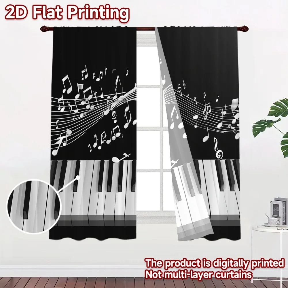 2D flat 2pcs Curtain Vintage drapes and curtains Piano Keys Music Notes Durable polyester fiber Festive Wall Decor Perfect for