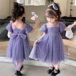 2024 New Summer Lace Princess Girls Dress Pearl Decoration Mesh Big Bow Multi-layer Thin Gauze Dress For 2-8 Years Kids