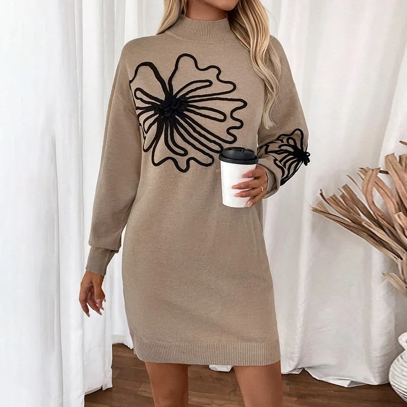 New Women's Mid Neck Fashionable Versatile Flower Shaped Woolen Dress