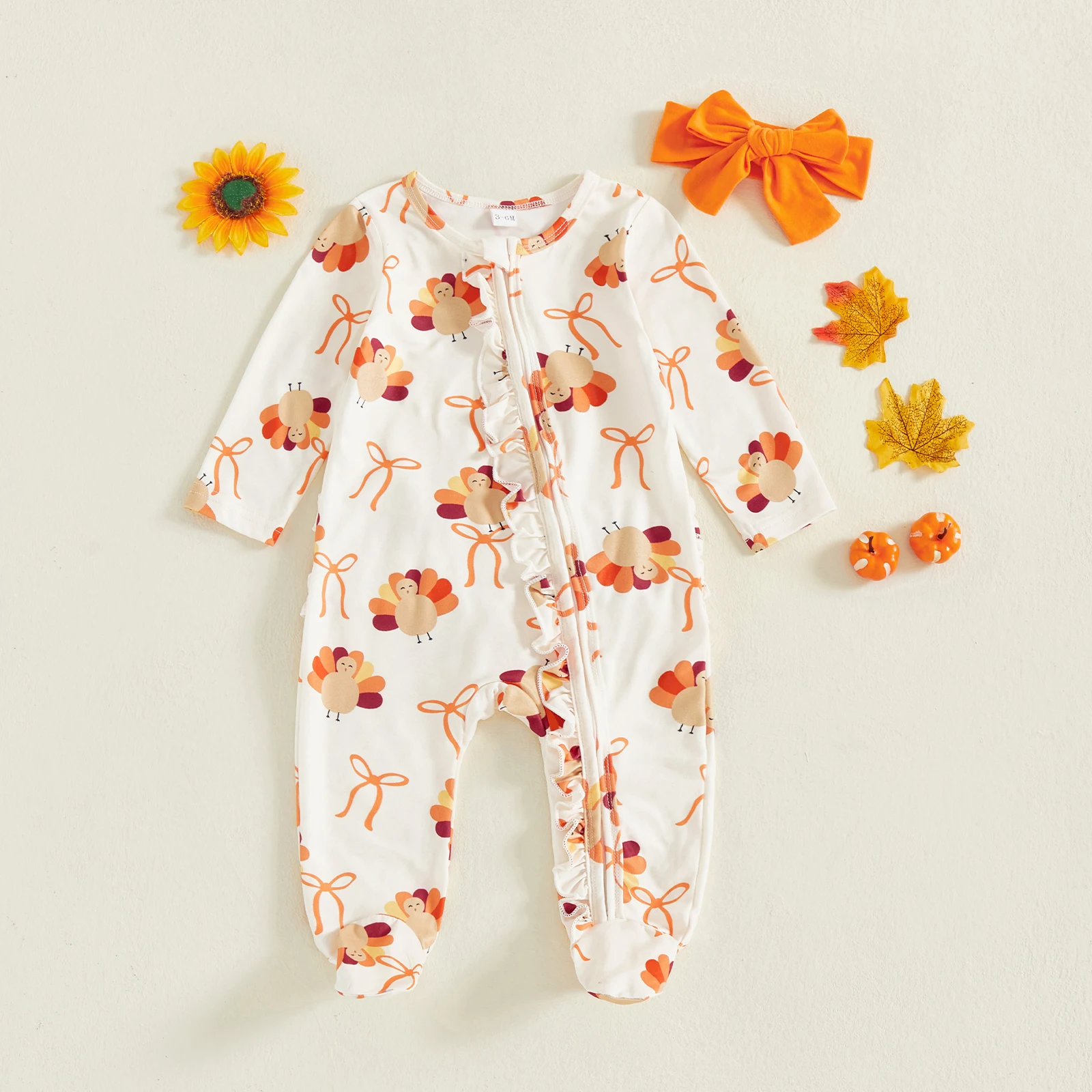 Newborn Baby Girl Thanksgiving Romper Bow Turkey Print Long Sleeve Zip Up Round Neck Footed Jumpsuit with Headband