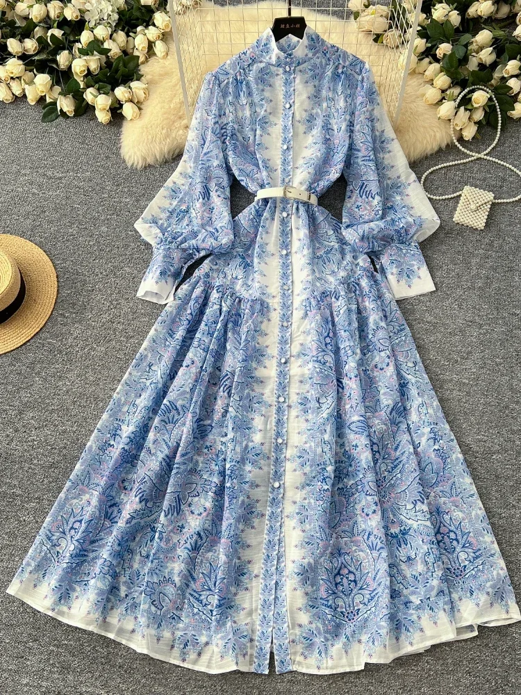 Spring France Elegant Vintage Palace Evening Dress Women Print Pleated button Long Party Dress Female Casual Holiday Clothing